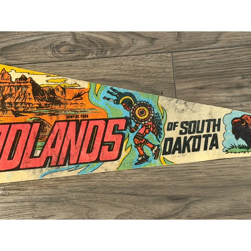 Vintage 1970 Badlands South Dakota Souvenir Pennant Cedar Pass Lodge Bison Impko